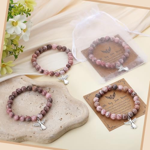 Quelay 12 Set Angel Bracelet Gifts with Greeting Card and Organza Bag Inspirational Pink Natural Stone Bracelets Encouragement Spiritual Jewelry Gifts for Women Faith Birthday Memorial Sympathy4