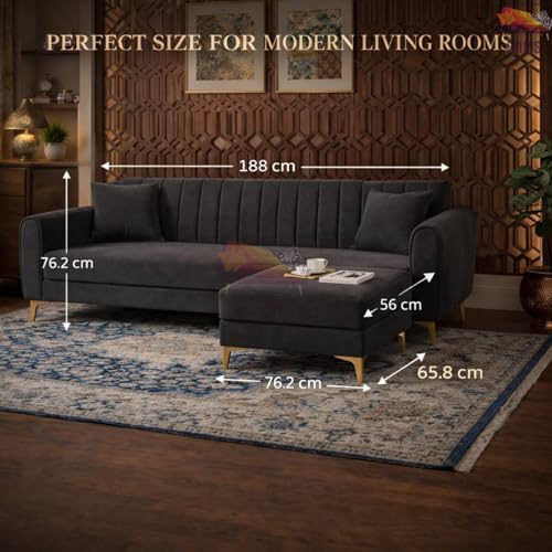 Image of SRMS Golden Legs 4 Seater L Shape Velvet Fabric Sofa Set with Four Cushions | Perfect for Home Office Guests Living Room | Sofa Set for living Room | 74 x 32 x 30 inches | Orange