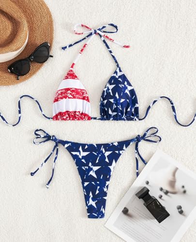 Image of Tainehs Women's Sexy Halter Thong Bikini Tie Two Sides Bottom Triangle Bikini Swimsuits