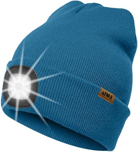 ATNKE LED Lighted Beanie Hat,USB Rechargeable 4 LED Running Headlamp Ultra Bright Cap with Light Hands Free Head Torch Winter Warm Knit Beany Tech Gifts for Men Women and Dad