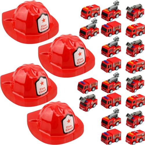 Flotory 40 Pcs Kids Firefighter Party Favors Inlcude 20 Plastic Firefighter Helmet 20 Mini Pullback Fire Engine Trucks Toy Fire Chief Hat for Boys Girls Bag Filler Gift Costume Accessory