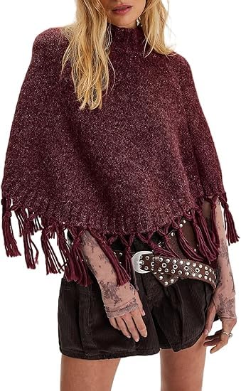 Generisch Women Fringe Knitted Poncho Sweater Mock Neck Asymmetrical Hem Cropped Tassel Shawl Fall Winter Cozy Wrap Sweater