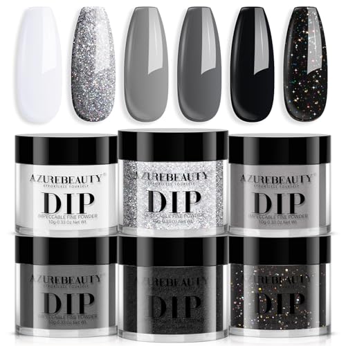 AZUREBEAUTY Dip Powder Nail Basic Set White Black Silver Grey Pure Sparkle 6 Colors All Seasons Dipping Powder Starter Kit French Nail Art Manicure DIY Salon for Women, No Need Nail Lamp Cured