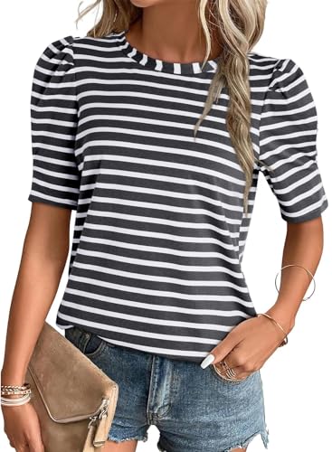 Dokotoo Womens Tops Basic Puff Short Sleeve Summer T Shirts Casual Soft Striped Crewneck Stylish Spring Outifits Dressy 2025 Fashion Tshirt for Women Trendy Tee Gray Small