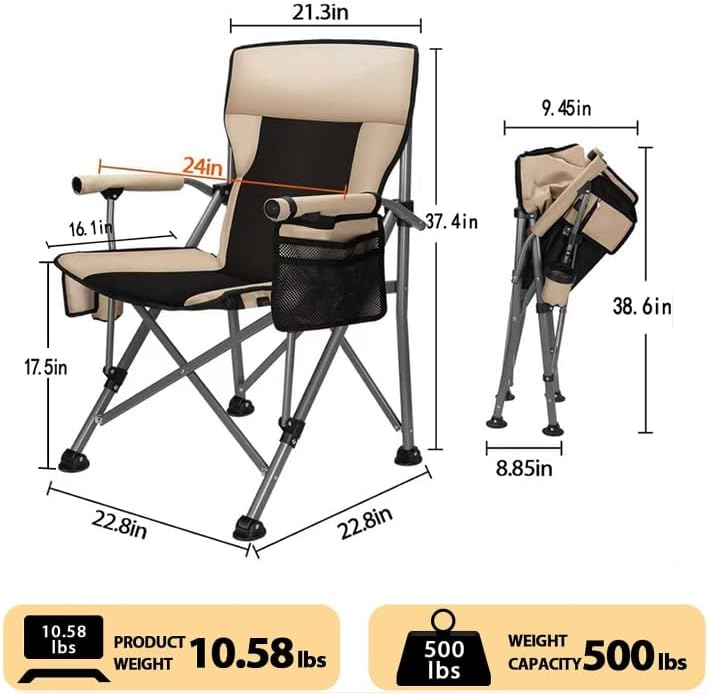 heated camping chair with 20,000 mah battery, loog-lasting for 500 mins, fully padded heated camp chairs, heavy duty folding chairs supports 500 lbs for winter camping, picnics, tailgating, rv travel beige & black heated
