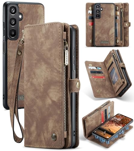Image of GooodiDEAR Galaxy A16 5G Case, Shockproof Card Holder Flip Magnetic 2-in-1 Detachable Zipper Slots Wallet Cover for Samsung Galaxy A16 5G, Anti-Scratch Leather TPU Bumper Luxury Purse Holster, Brown