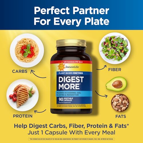 Renew Life DigestMore Digestive Enzymes | 90 Vegetable Capsules | Plant Based Enzymes | Relieves Occasional Gas, Bloating & Indigestion | Dairy, Soy, and Gluten-Free Supplement