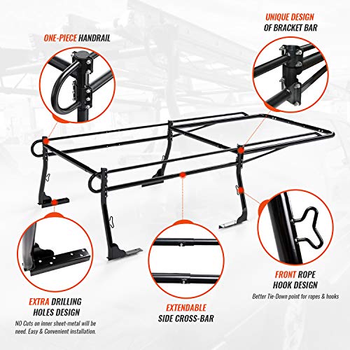AA-Racks Model X31 Truck Bed Ladder Racks for Pickups with 55'' Side Bar Over Cab Ext. Lumber Utility Pipe Racks - Matte Black