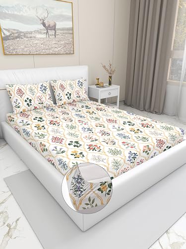 Image of Blue Strip 300 TC Cotton Feel Glace Cotton Elastic Fitted Printed Queen Size Double Bed Bedsheet with 2 Pillow Covers Fits Upto 8 inches,Size- 60x78x8 Inches