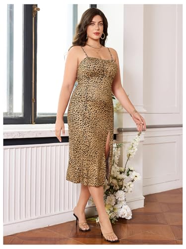 Image of BEAUDRM Women's Plus Size Leopard Print Midi Dress Split Thigh Sleeveless Square Neck Bodycon Midi Dresses Brown XX-Large Plus