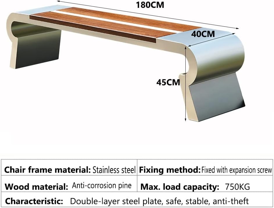 Outdoor Park Bench, Garden Courtyard Square mall Corridor Lounge Stainless Steel Solid Wood Bench Leisure Stool, 40x180x45cm