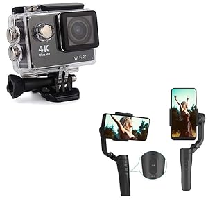 TechKing (COMBO PACK SPECIAL WITH 12 YEARS WARRANTY) Bluetooth D20 SmartWatch with Heart Rate & Blood Pressure Monitor 4K Wifi Waterproof Action Sport Camera, VLOG Pocket Handheld Gimbal Stabilizer, Wireless Smartphone Gimbal Stabilizer, 3-Axis Smartphone Handheld Gimbal Stabilizer