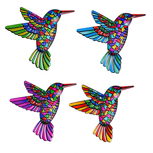 OFFCUP Metal Hummingbird Wall Decor, 4 Pack Metal Hummingbird Wall Art Decor, Wrought Iron Colorful Hummingbird Wall Sculptures, Outdoor Garden Fence Ornaments Hanging for Backyard Porch Patio