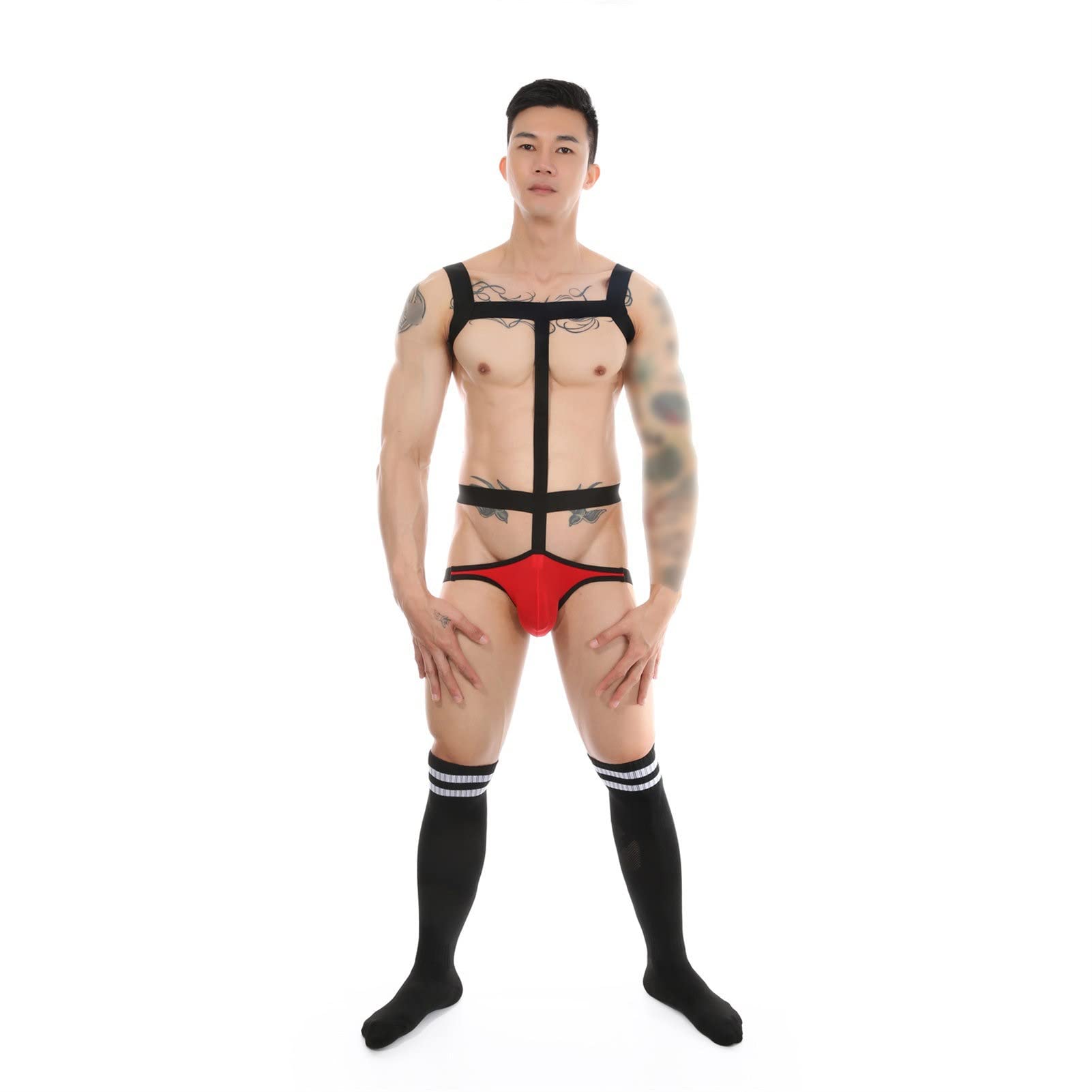 Maiyifu-GJ Men's Nylon Body Chest Jockstrap One Piece Harness G-String Bodysuit Backless Wrestling Singlet Leotard Underwear (Black 4,XX-Large)