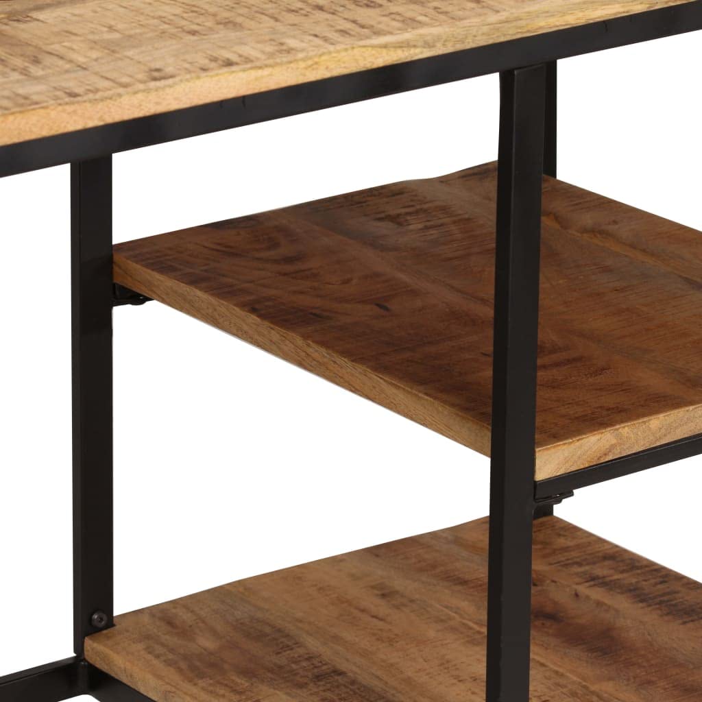 Escritorio de madera de mango maciza con taburete plegable, 115 x 50 x 76 cm, mesa de trabajo para oficina en casa, con espacio de almacenamiento y ruedas para ordenador portátil, monitor y