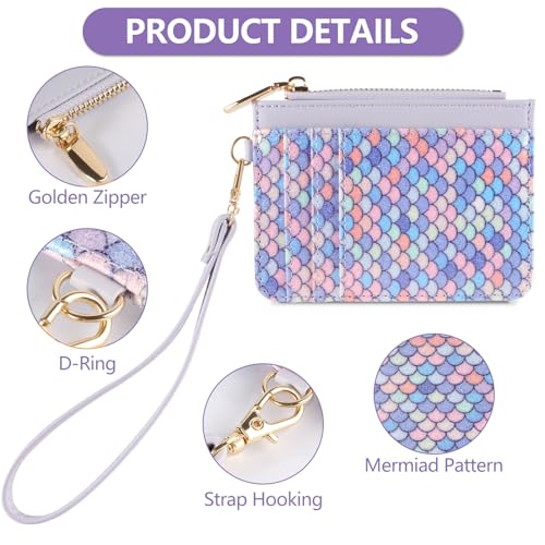 Small Wallet Mermaid RFID Protected Leather Credit Card Holder Slim Wristlet Strap Wallet with Zipper Pocket, Card Organizer for Women Girls(Light Purple)4