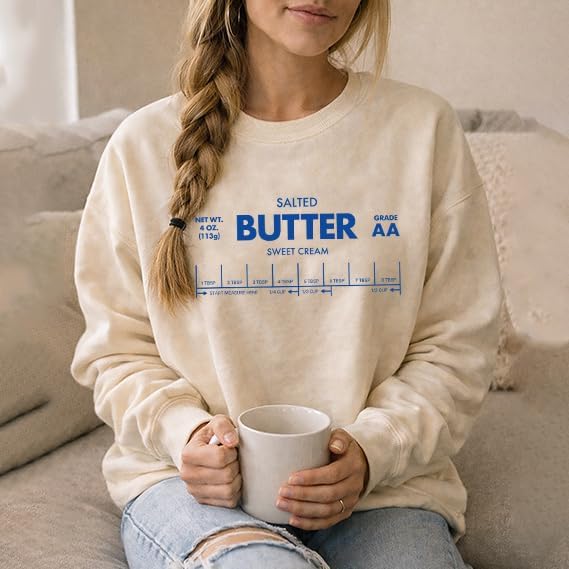 CFQGY Salted Butter Sweatshirt Funny Sweatshirts For Women Cute Crewneck Graphic Casual Long Sleeves Tops Khaki image 4