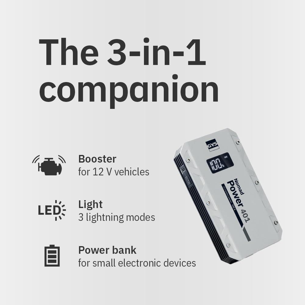 GYS, Nomad Power 401, Avviatore/Booster Batteria Litio Portatile 1200A, Veicoli 12 V (Moto, Auto), Avvio Sicuro, Batteria Esterna 3 Ah (PowerBank), Lampada LED, Display LCD