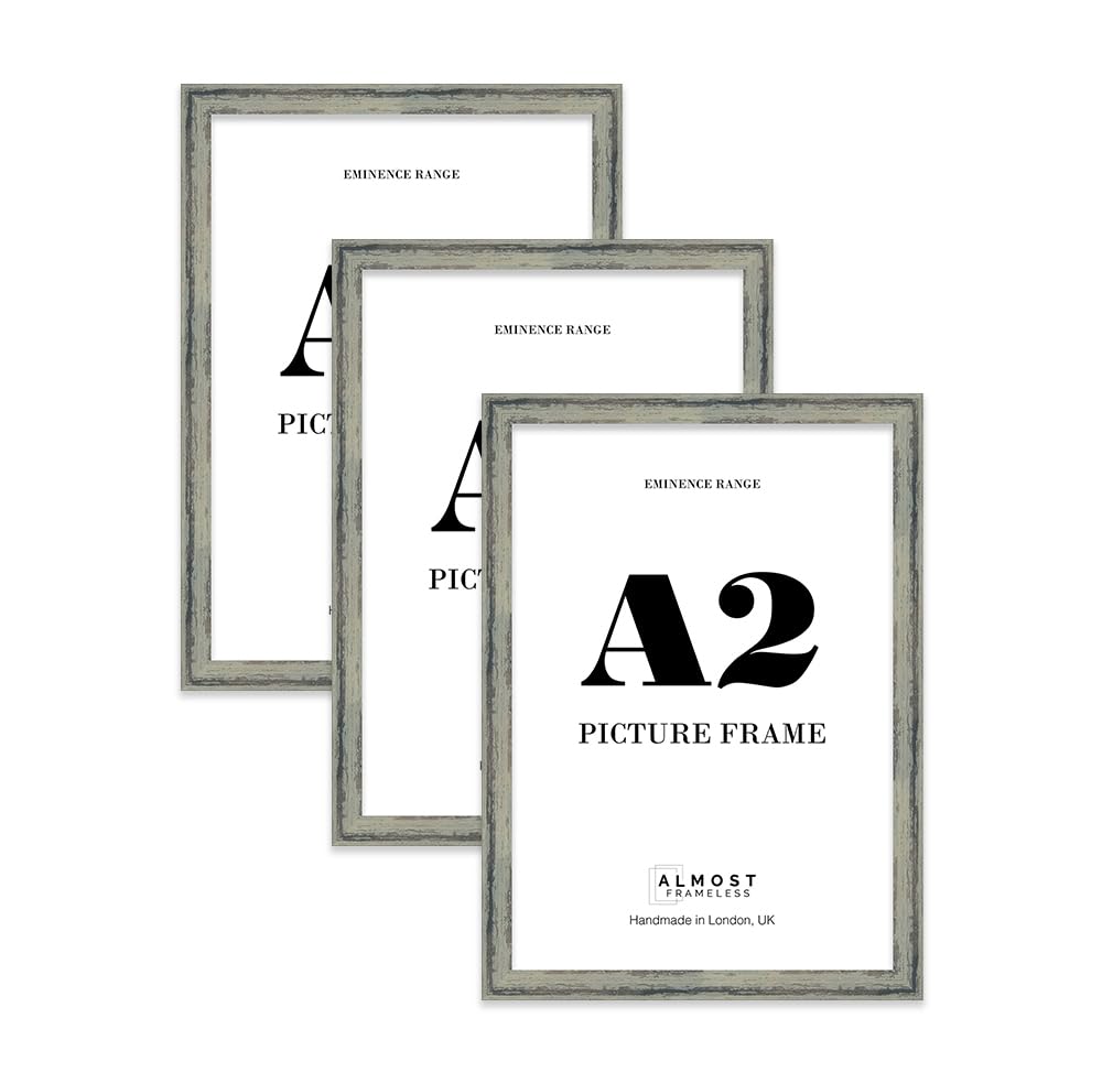 A2 Distressed Green Picture Frame - Rustic Wood Industrial Effect Photo Frame for Wall Display, Ideal for Posters, Prints & Home Décor, Wall Hooks, 32mm Edge - 3 Pack