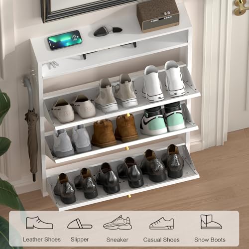 Image of Modern Slim Shoe Organizer, 3 Flip Shoe Cabinet with Open Storage, Narrow Shoe Rack for Entryway, Front Door, Living Room, White
