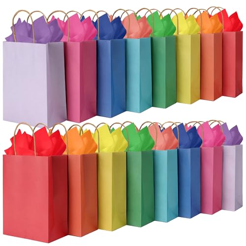 Image of BLEWINDZ 32 Pieces Gift Bags with 32 Tissues, 8 Colors Party Favor Bags with Handles, Rainbow Gift Bag for Wedding, Birthday, Party Supplies and Gifts