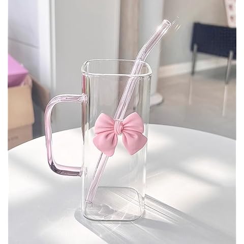 WQURC Girls Lovely Delicate Bownot Glass Cup with Straws and Lids, Lemon Tea Cup, Milk Cup For Home, Office, Dining Room (Pink Bowknot, Cup + Straw) Cover