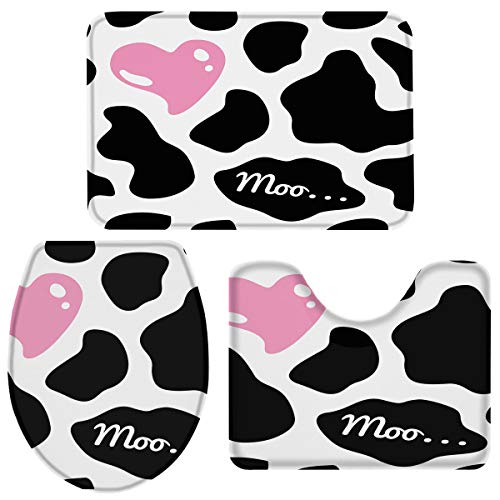Queenker 3-teiliges Badteppich-Set, WC-Sitzbezug, rosa Herzform, Kuhmuster, Konturenteppich, WC-Vorleger und WC-Deckelbezug, rutschfeste Badezimmermatte 45.7x76.2 cm + 35.7x45.7 cm + 38.1x45.7 cm