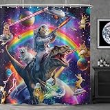 Fowocu Funny Cat Dinosaur Shower Curtain Fun Cool Colorful Space Cats Shower Curtains for Bathroom Fantasy Galaxy Universe Anime Kids Waterproof Fabric Bath Curtain Decor 72 X 72 Inches