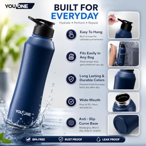 Image of YOUONE Stainless Steel 1000 ML Water Bottle /Thunder for fridge /School /Outdoor /Gym /Home /office /Boys /Girls /Kids, Leak Proof And BPA Free (Blue)