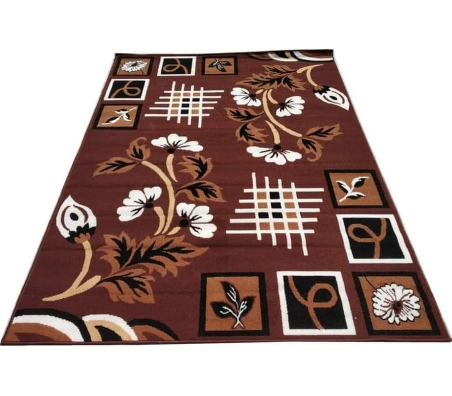 Image of Floral Design Acrylic Polyester Carpet for Living Room 6x8 Feet Color Brown(180x240Cm), Large Rectangle
