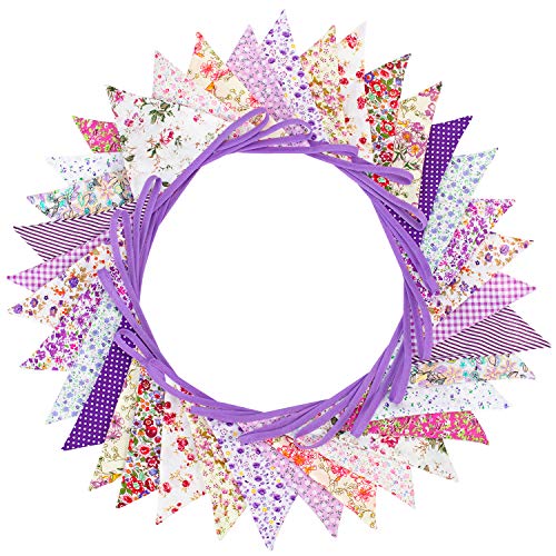 Whaline Fabric Bunting Banner 36 Pcs Double Sided Flags Garland, 33 Feet Vintage Floral Pennants for Wedding Birthday Parties Baby Shower Home Decoration (Purple)