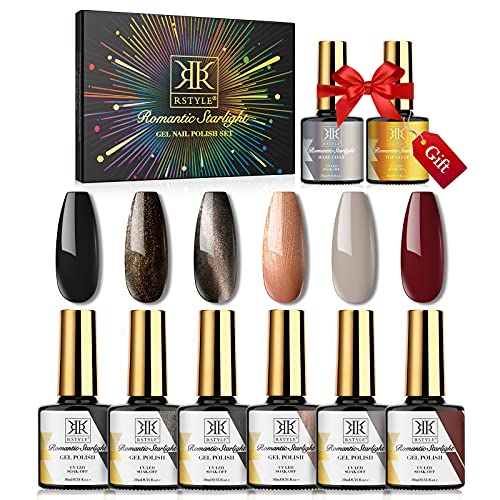 RSTYLE Gel Nail Polish Kit with Base and Top Coat, 8 Pcs Popular Colors Gel Polish Set UV Nail Lamp Required Soak Off for All Seasons Nail Art Design with Gift Box (Black Desert)