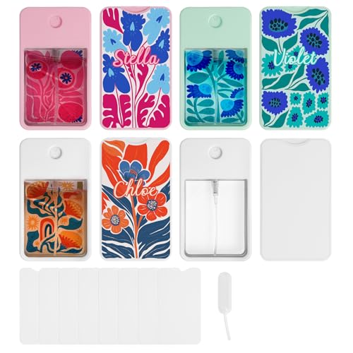 PYD Life 6 Pack Sublimation Blanks Card Perfume Spray Bottle 1FL. OZ 30 ml Mixed Color Portable Refillable Travel Mist Sprayer with 8 PCS Double-Sided Sublimation Aluminum Sheets for Custom Design