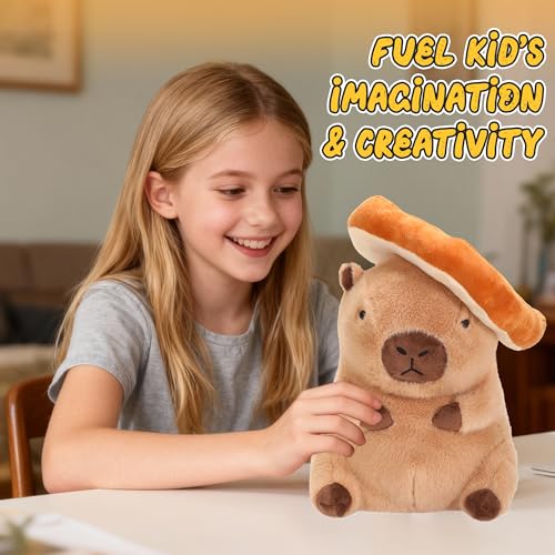 Image of Capybara Plush with Wearable Toast Headgear, Cute Capybara Stuffed Animal Plush Toy, Gift Birthday Decorations for Girls and Boys