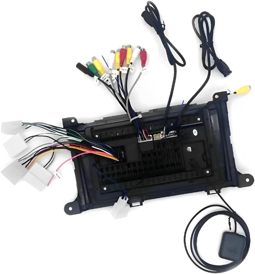 Rear view of the Oskkude car stereo showing various input and output ports and connected cables.