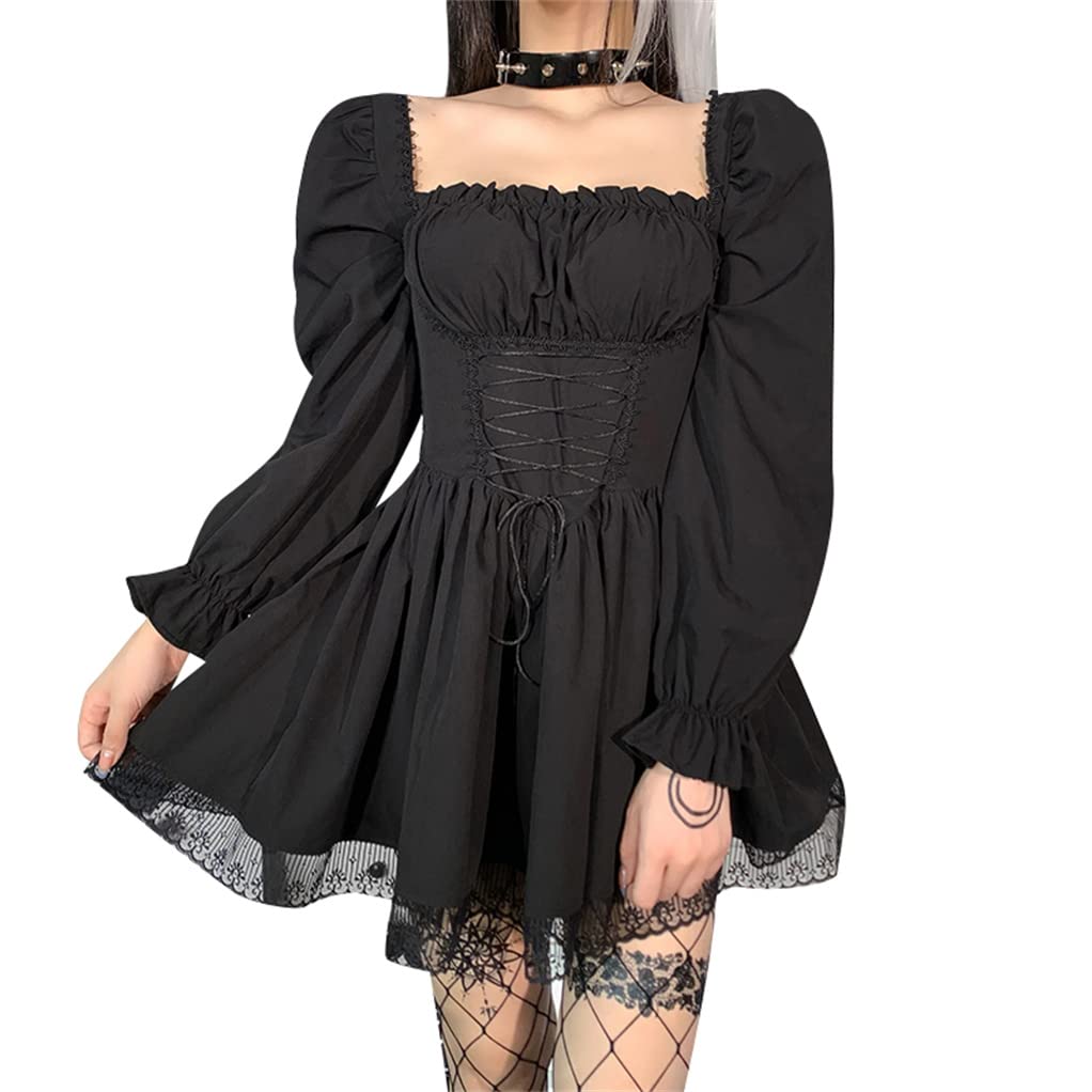 TOMETO STAR Gothic Black Smocked Dress Puff Long Sleeve Square Neck Lace-Up Mall Goth Backless A-Line Punk Mini Dresses, Gothic Black Smocked Dress Puff Long Sleeve, L