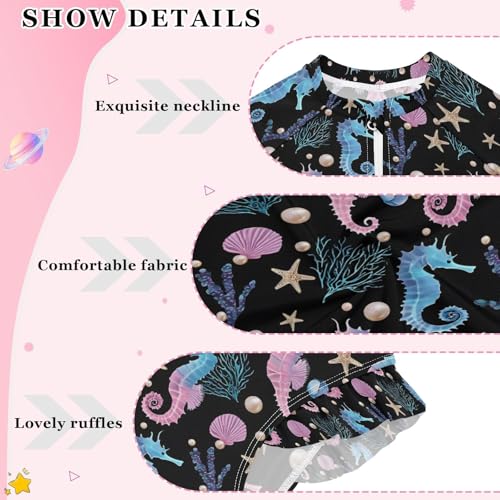 ALAZA Pearl Shell Seahorse Starfish Black Girls One Piece Swimsuit Long Sleeve Rash Guard Swimsuits UV 50+ Swimwear Zipper4