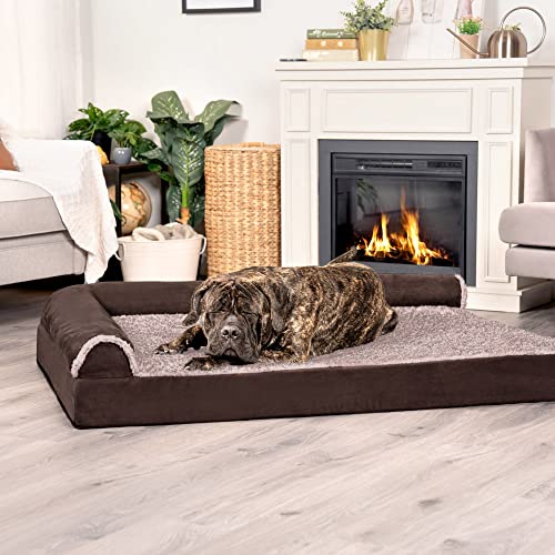 Image of Furhaven Cooling Gel Dog Bed for Large Dogs w / Removable Bolsters & Washable Cover, For Dogs Up to 125 lbs - Two-Tone Plush Faux Fur & Suede L Shaped Chaise - Espresso, Jumbo Plus /XXL