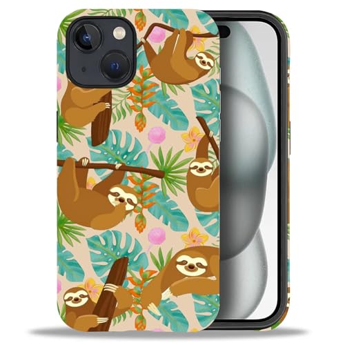 yicomon Compatible with iPhone 15 Plus Case, Jungle Sloth Pattern Print Matte Phone Case Durable Fashion Funny Liquid Silicone Case Soft Anti-Scratch Shockproof Protective Cover