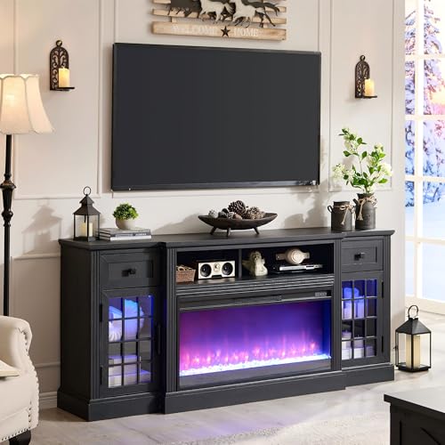 For 80 Inch Tv, Farmhouse Highboy Entertainment Center W/led Lights & 36" Electric Fireplace, Large Media Console W/glass Door Cabinet & Storage Drawer, Black