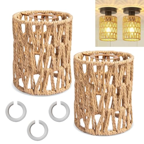 Lampenschirm Boho, 2 Stück Rattan Lampenschirm, E27 Hängelampe mit Adapterring, Rattan Hängelampe Korbgeflecht, für Stehlampe, Tischlampe, Pendelleuchten, Deckenlampe (Braun)