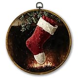 Mcehtle Vintage Christmas Stocking Wall Art Decor, Dark Moody Rustic Holiday Decor Framed Canvas Prints 10x10, Cozy Winter Xmas Fireplace Round Wall Hanging Artwork Decorations for Bedroom Living Room
