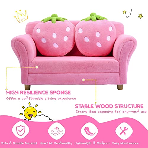 Kids Sofa, With 2 Cute Strawberry Pillows, Toddler Chair Armrest Chair Double Seats, Toddler Couch Lounge Bed 2 In 1, Wooden Frame And Coral Fleece Surface For Bedroom, Living Room, Baby Room #TOP5