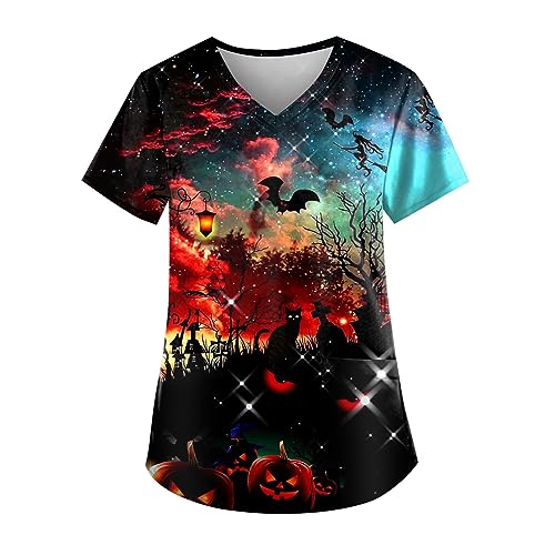 OIOLOYJM Halloween Christmas Scrub Tops Women Printed V Neck Short Sleeve Plus Size Scrubs for Womens Shirts with Pockets