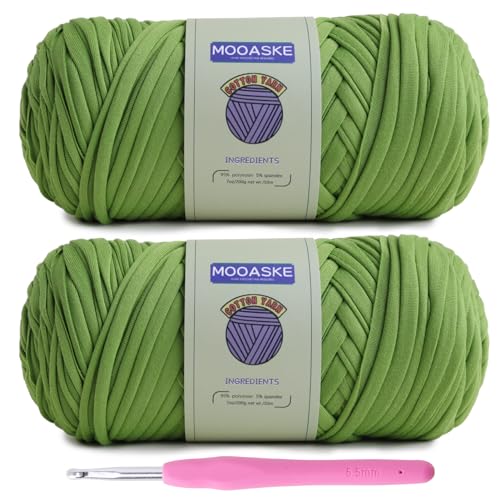 Image of Mooaske 2 Pack T-Shirt Crochet Yarn for DIY Knitting Crochet Cloth Blanket Bag Dolls - 400g Chunky Thick Yarn for Crocheting with Polyester-Spandex Blend Elastic Fabric (Greenish-Blue)