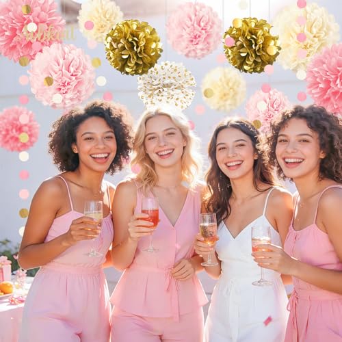 Image of AOBKIAT Wedding Baby Shower Decorations Set,15PCS Pink Gold for Girls Women | with Tissue Paper Pom Poms,Colorful Garland String Hanging Backdrop for Birthday,Bridal Shower,Gender Reveal Celebration