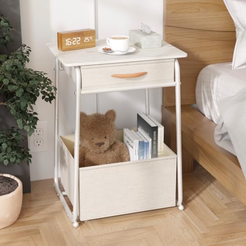 Image of Olldide White Side Table with Storage Basket, End Tables with Fabric Drawer