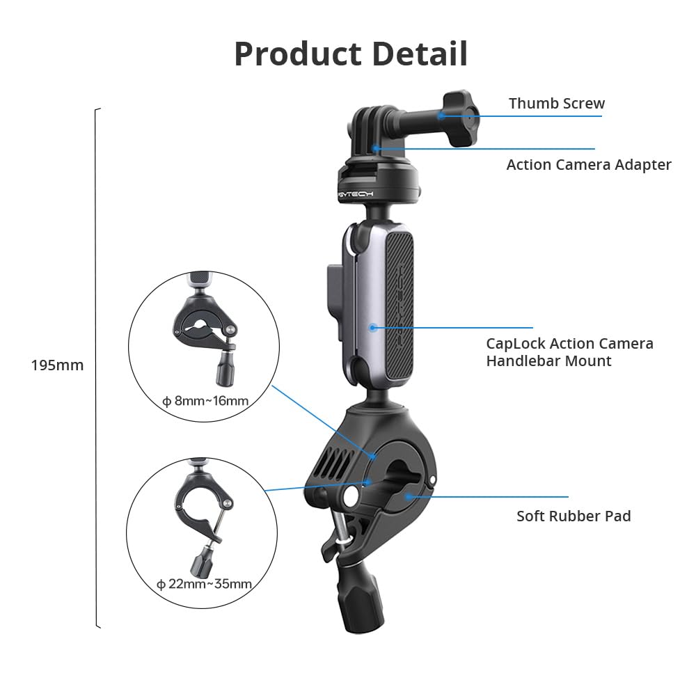 PGYTECH CapLock Fahrrad Lenkerhalterung Aluminium Motorrad Actioncam Klemme | Schnellverschluss Lenker Halterung, 360 Panorama Dual-Kugelkopf, 1/4 Zoll Gewindeadapter, für DJI/GoPro/Insta360