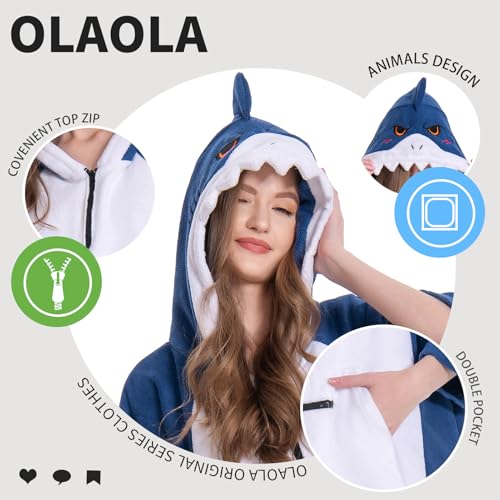 OLAOLA Mikrofaser Badeponcho, Handtuch Poncho für Erwachsene, Surf Poncho mit Kapuze und Tasche, Weiche Schnelltrocknende Handtuch als Umziehhilfe Strand Damen und Herren (Hai)