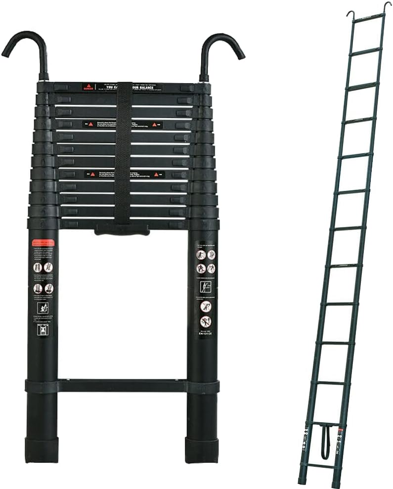 Telescoping Extension Ladder, Aluminum Extension Ladder 12.5FT, Telescoping Ladder with 2 Hooks, Multi-Purpose Ladder Extendable Ladder for Home & Ourdoors, 330LB Capacity -Black (